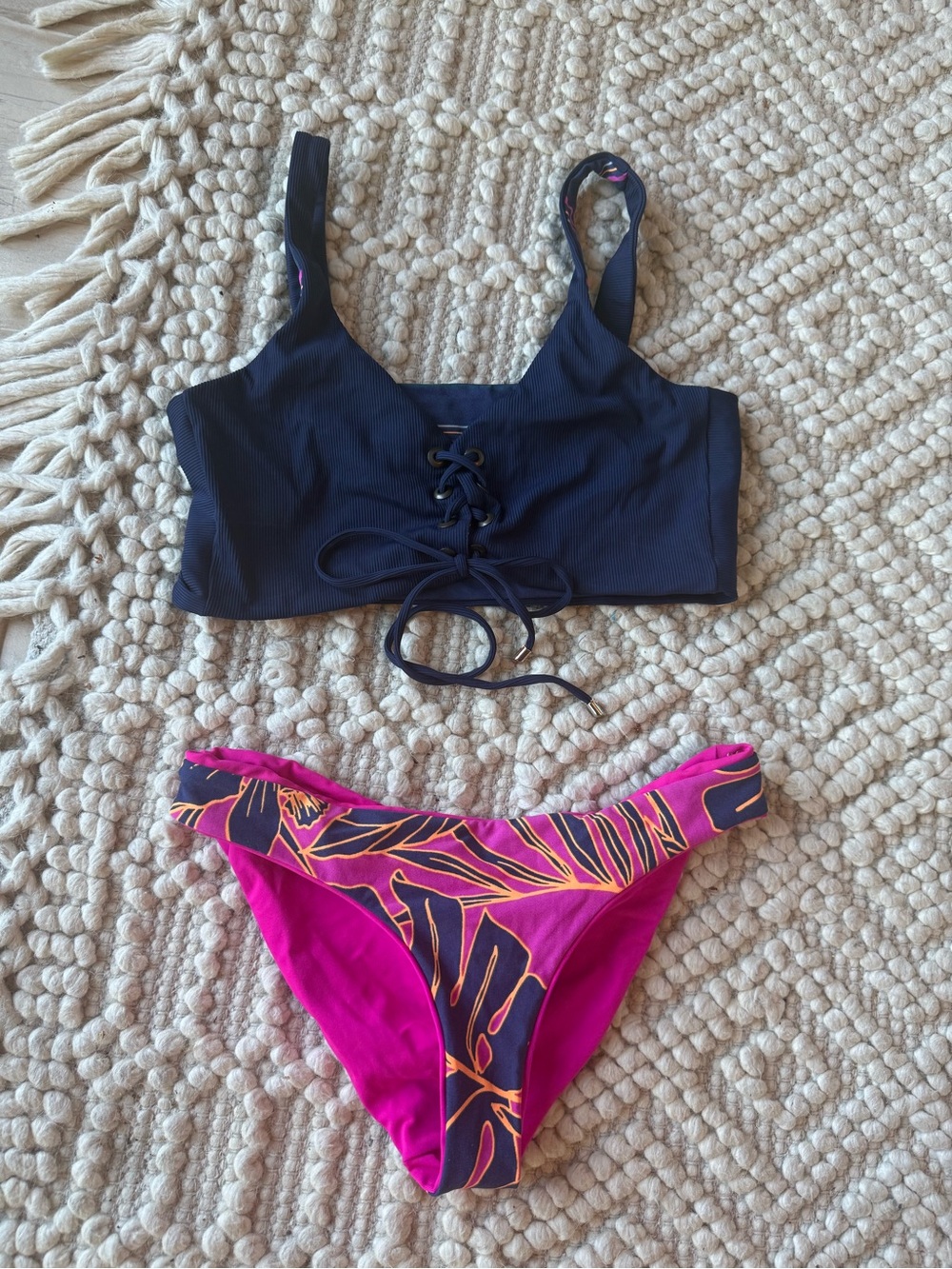 Maaji Reversible Lace-Up Bikini Top with Fuchsia Tropical Bottoms